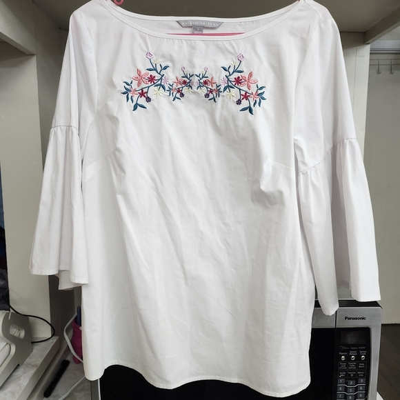 Valerie Stevens Tops - Valerie Stevens White Blouse with Pink and Blue Embroidery